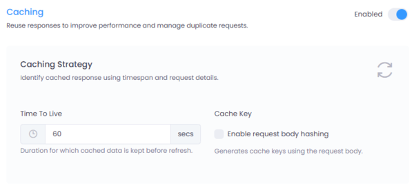 Caching configuration screen showing Time to Live and Cache Key settings