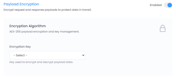 Payload encryption configuration screen showing encryption key settings