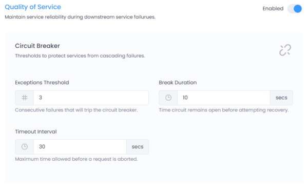 Quality of Service configuration screen showing circuit breaker and timeout settings